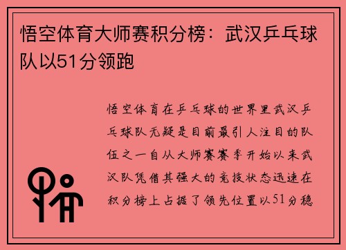 悟空体育大师赛积分榜：武汉乒乓球队以51分领跑