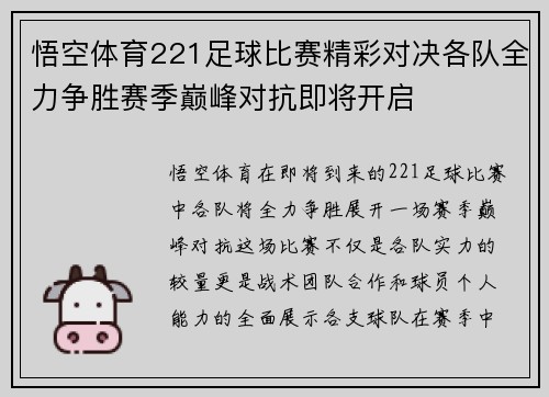 悟空体育221足球比赛精彩对决各队全力争胜赛季巅峰对抗即将开启